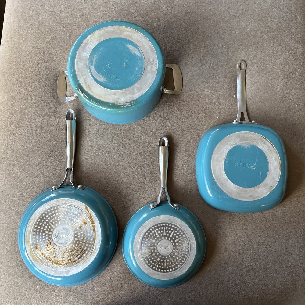 Lot Of 4 Gotham Steel Aqua Blue Pot And Pans. 10 & 8” Round And 10” Square Pan